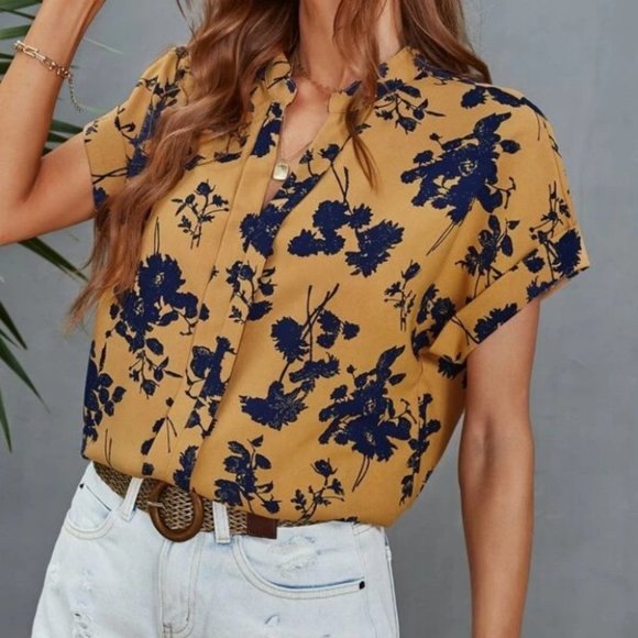 Boho Floral Pattern Notched Neck short sleeve Blouse top Carmel / Blue - Picture 2 of 7